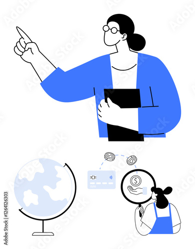 Teacher pointing and holding a folder, globe, credit card, and money handoff icons. Ideal for education, finance, geography, teaching methods, global studies economic exchanges instructional aids