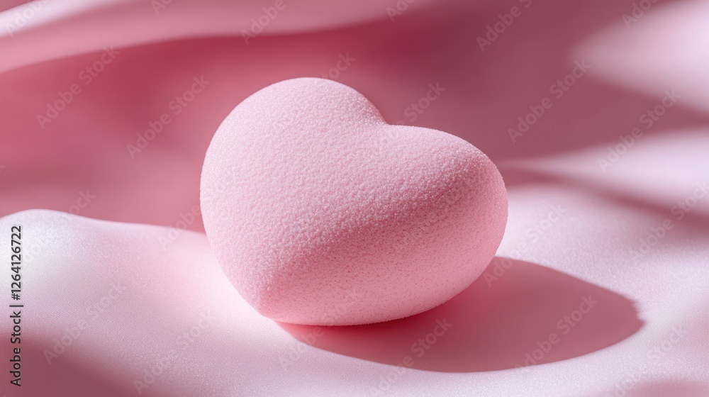 Obraz premium Pink heart sponge on silk, soft light, beauty background, makeup application