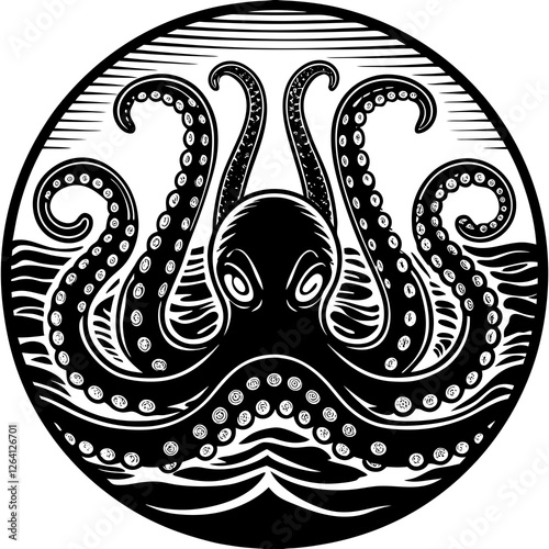 Mighty Kraken Emerging from the Depths in Scratchboard, sketch engraving illustration. Scratch board imitation. Black and white image.