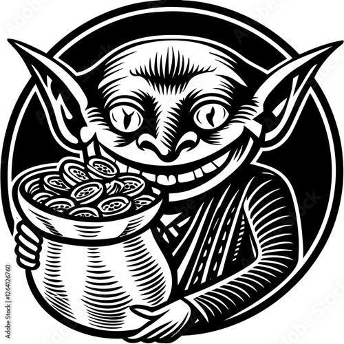 Mischievous Goblin Holding a Bag of Gold in Scratchboard, sketch engraving illustration. Scratch board imitation. Black and white image.