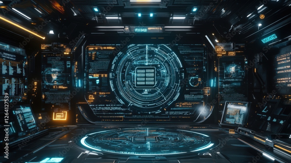 Fototapeta premium A simulated view of a digital ledger on a futuristic interface with holographic elements. Verification marks hover above transaction entries illustrating the seamless integration of