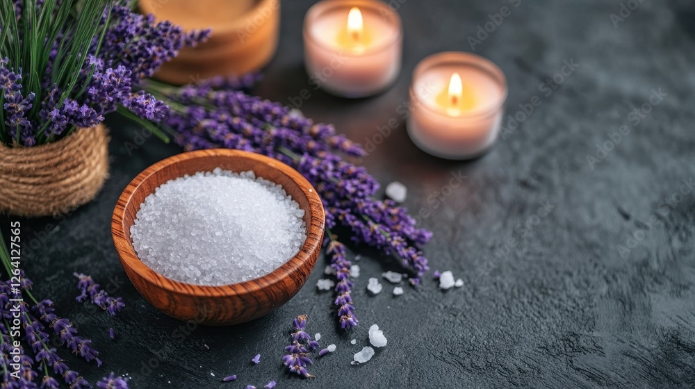 Lavender Spa Elements with Salt Bowl and Candles on Dark Table Background Lavender Spa Elements with Salt Bowl and Candles on Dark Table Background