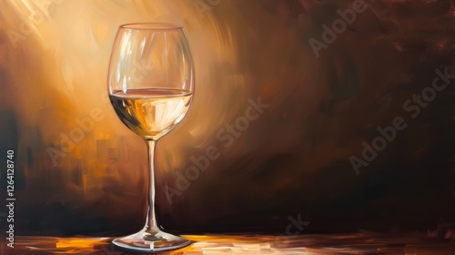 A digital painting of a single glass of white wine set against a warmly lit background. The rich lighting and soft brushstrokes create a sophisticated and artistic composition. AI generated.