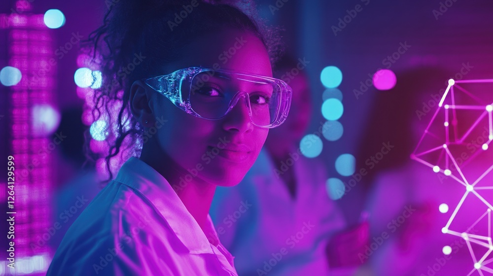 Scientist girl lab neon bokeh network research Scientist girl lab neon bokeh network research