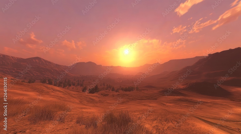 Naklejka premium Desert sunset landscape, mountains, plains, sun, clouds, game background, website