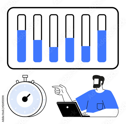 Progress bars, stopwatch, and person pointing while working on a laptop. Ideal for productivity, performance, efficiency, organization, project management, team goals and abstract line flat metaphor