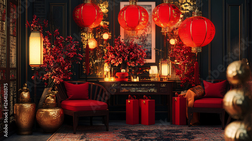 red chinese lanterns and decorations in traditional living room interior