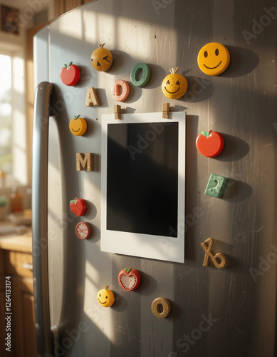 Single Polaroid Stuck on a Fridge with Colorful Magnets