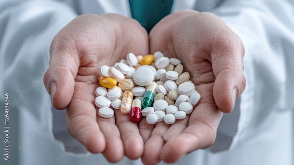 A pair of hands displays an assortment of pills and capsules in various colors and shapes, symbolizing the importance of medication in healthcare A pair of hands displays an assortment of pills and capsules in various colors and shapes, symbolizing the importance of medication in healthcare