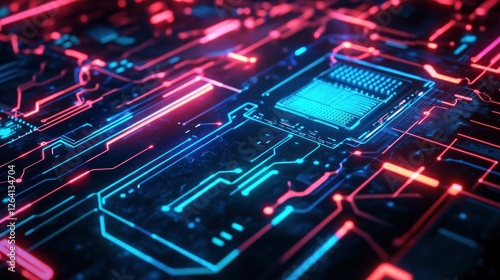 Wallpaper Mural Game background with neon lights with intricate circuit board patterns, electric blue and red colors holographic interface wallpaper AI generated image Torontodigital.ca