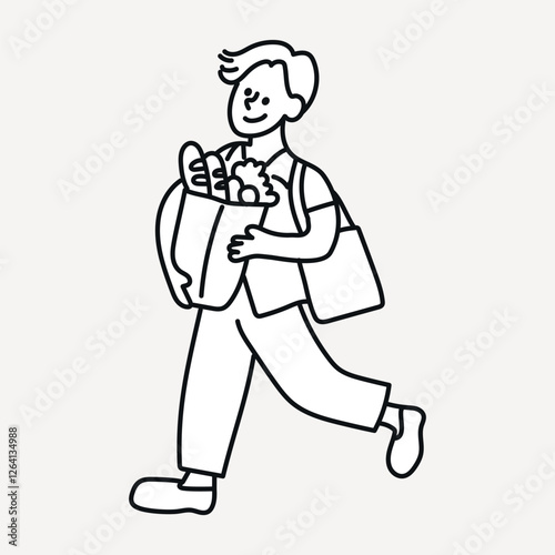 Doodle man grocery shopping illustration vector