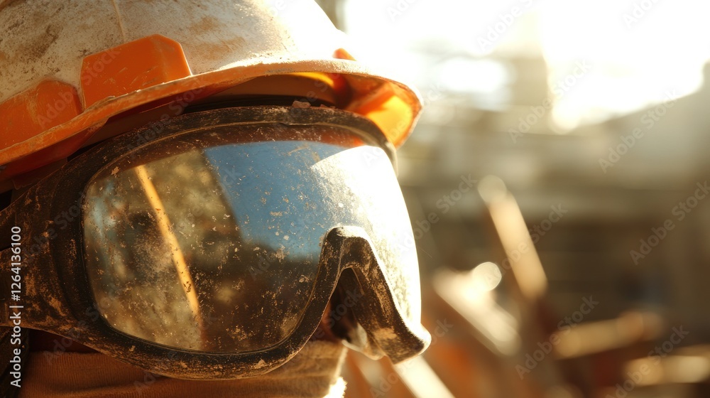 Fototapeta premium Dusty goggles & helmet, construction site, sunlight, safety, industry