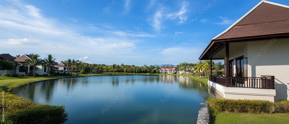 Naklejka premium Lakeside villas, tropical landscape, calm water, vacation home