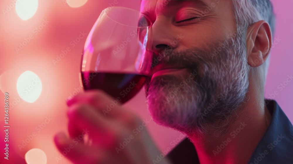 A mature bearded man savors the aroma of red wine with eyes closed, immersed in a warm, romantic ambiance with soft glowing lights. AI generated.