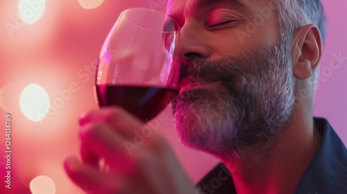 Obraz na płótnie A mature bearded man savors the aroma of red wine with eyes closed, immersed in a warm, romantic ambiance with soft glowing lights. AI generated. w salonie