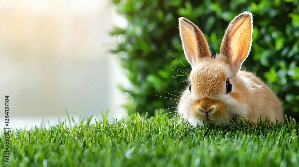 Obraz premium Cute Brown Bunny Rabbit Hiding in Green Grass Near Foliage