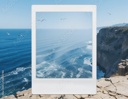 Single Polaroid Floating Over a Deep Blue Ocean View from a Cliff