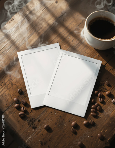 Two Blank Polaroids Overlapping on a Wooden Table with Coffee