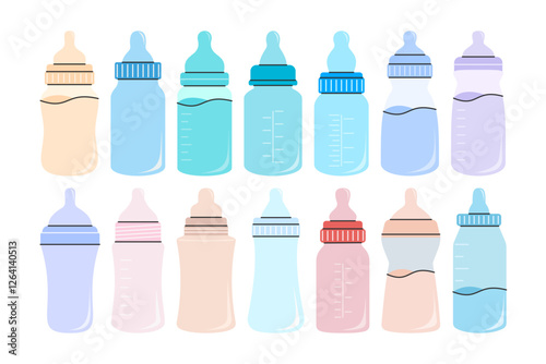 Baby feeding bottle illustrations in various shapes and colors. Perfect for baby care designs, parenting guides, nursery decor, and product packaging. Clean, modern, and versatile for digital use.