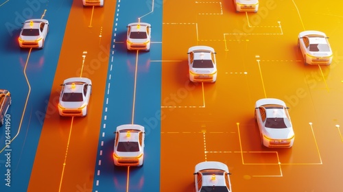 A fleet of white autonomous vehicles drives through a digitally connected highway, symbolizing smart city transportation and AI-driven mobility. AI generated.