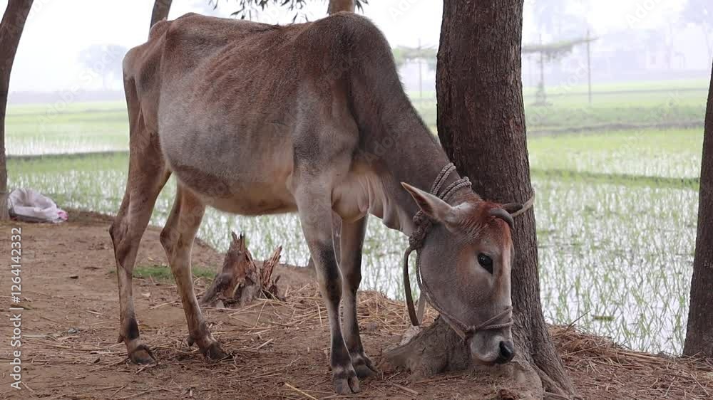 A domestic cow tied to a tree outdoors, leisurely passing time. Rural animal husbandry in Bangladesh. A domestic cow tied to a tree outdoors, leisurely passing time. Rural animal husbandry in Bangladesh.