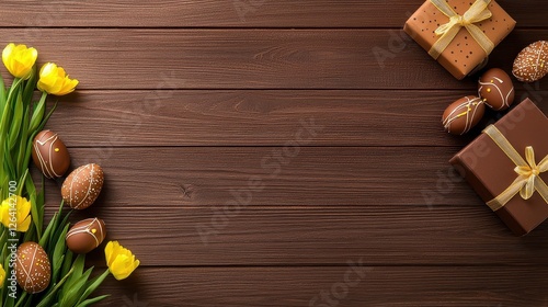 Elegant Easter Arrangement with Gifts, Flowers, and Chocolate Eggs