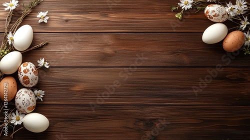 Decorative Easter Eggs and Flowers on Rustic Wooden Table Surface