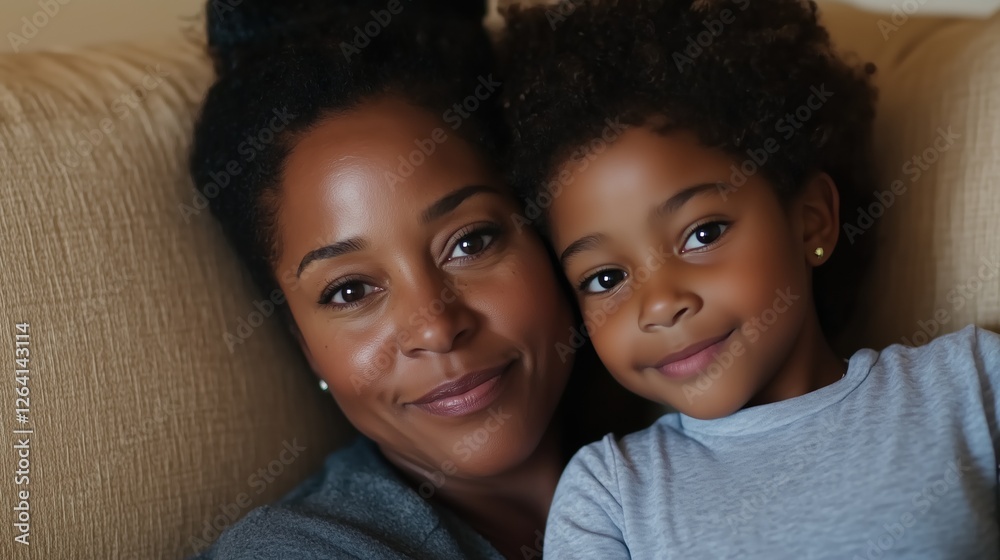 Mother and Daughter: A tender portrait of a mother and her young daughter, their faces illuminated by the warm glow of the room, revealing the bond and love they share. Mother and Daughter: A tender portrait of a mother and her young daughter, their faces illuminated by the warm glow of the room, revealing the bond and love they share.
