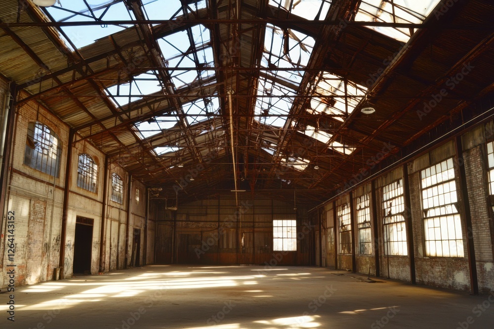 Naklejka premium Abandoned Industrial Warehouse Interior with Exposed Beams and Light