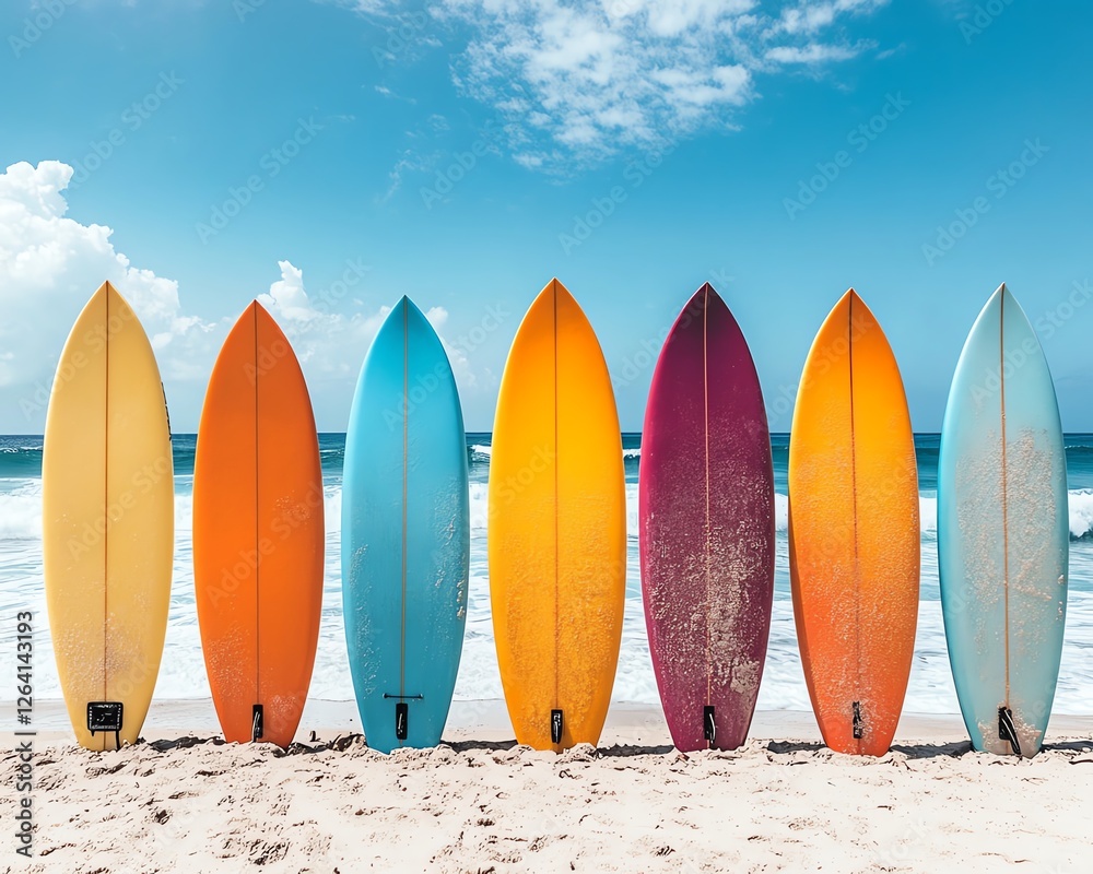 multiple surfboards standing upright on a pristine beach, bright colors against the blue sky, waves crashing in the background multiple surfboards standing upright on a pristine beach, bright colors against the blue sky, waves crashing in the background