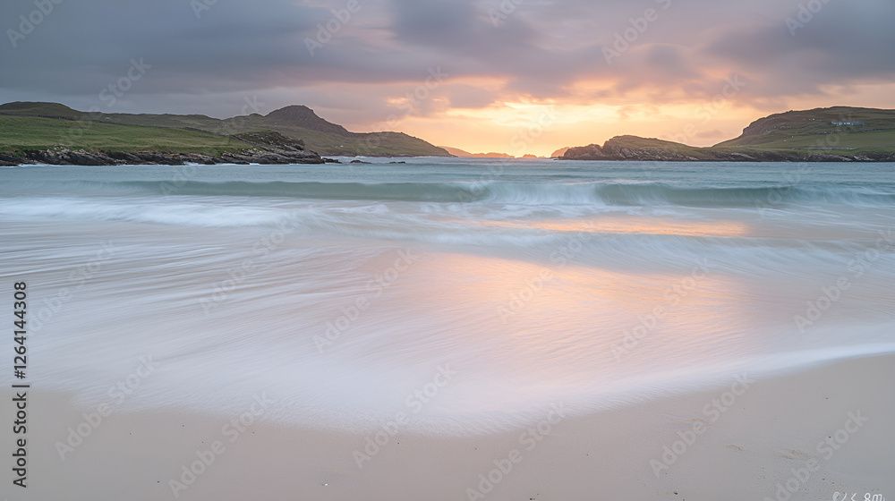 Fototapeta premium Sunset serenity at a coastal beach nature photograph tranquil seascape soft waves peaceful viewpoint