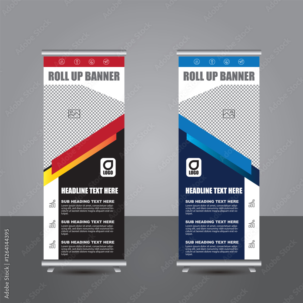 Naklejka premium New roll up banner template bundle. advertising, background, banner, biochemistry, biology, blue, brochure, business promotion signage standee vector layout
