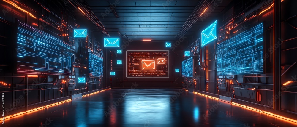 futuristic flatscreen with flying mail icons, glowing messages floating, digital communication interface, bright neon tones in a modern room futuristic flatscreen with flying mail icons, glowing messages floating, digital communication interface, bright neon tones in a modern room