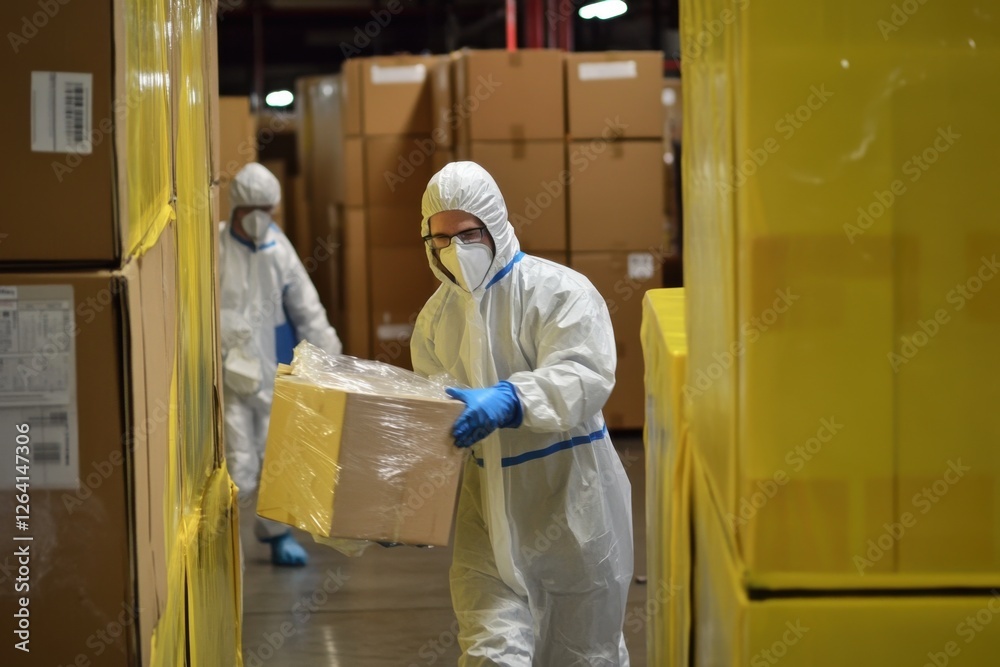 Workers in Protective Gear Handling Packages in Warehouse Environment Workers in Protective Gear Handling Packages in Warehouse Environment