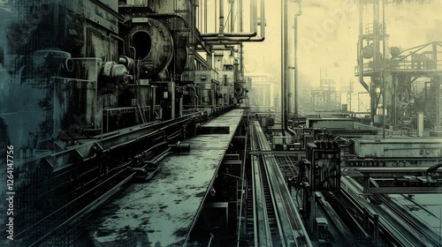 A moody, dystopian-style industrial corridor with pipes, metal railings, and worn-out factory walls. The dark, grungy atmosphere evokes a cyberpunk aesthetic. AI generated.