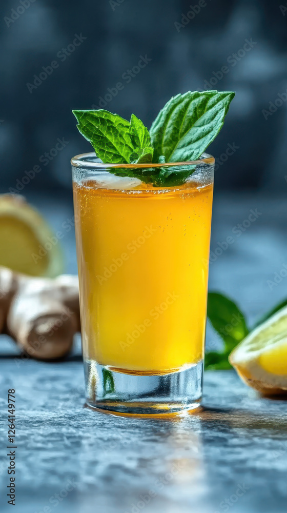 Refreshing ginger tea with honey and mint leaves in glass Refreshing ginger tea with honey and mint leaves in glass