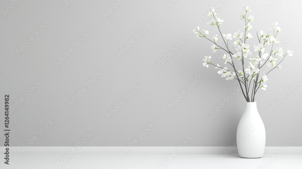 Elegant white vase with flowers against minimalist gray wall Elegant white vase with flowers against minimalist gray wall