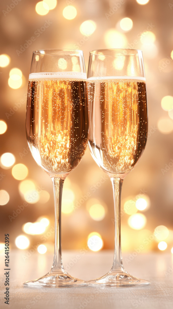 Elegant champagne glasses with sparkling bubbles against festive background Elegant champagne glasses with sparkling bubbles against festive background