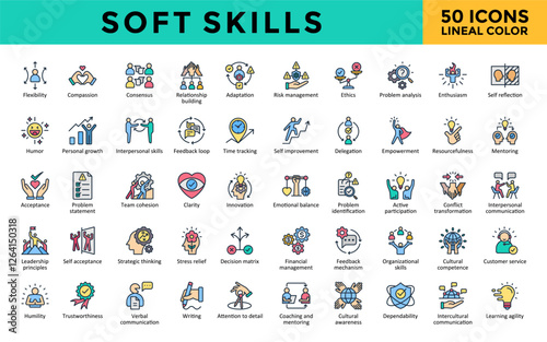 Soft skills icon set with flexibility, compassion, consensus, relationship building, adaptation, risk management, ethics, problem, analysis, enthusiasm icon. Simple lineal color vector 

