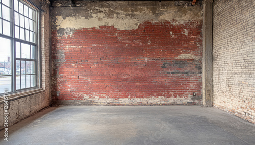 Empty Industrial Interior with Brick Wall and Large Window photo