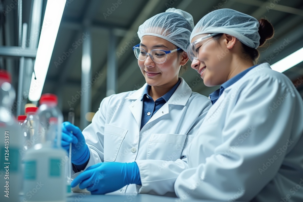 Two Female Scientists Collaborate in a Modern Laboratory Setting, Engaged in Research and Development of Scientific Experiments Amidst Laboratory Equipment Two Female Scientists Collaborate in a Modern Laboratory Setting, Engaged in Research and Development of Scientific Experiments Amidst Laboratory Equipment