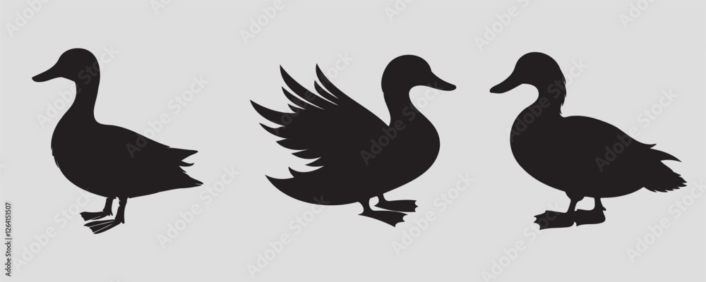 Obraz premium A set of three duck silhouettes in different stances, featuring clean and minimalistic designs. Perfect for wildlife, nature, or decorative projects