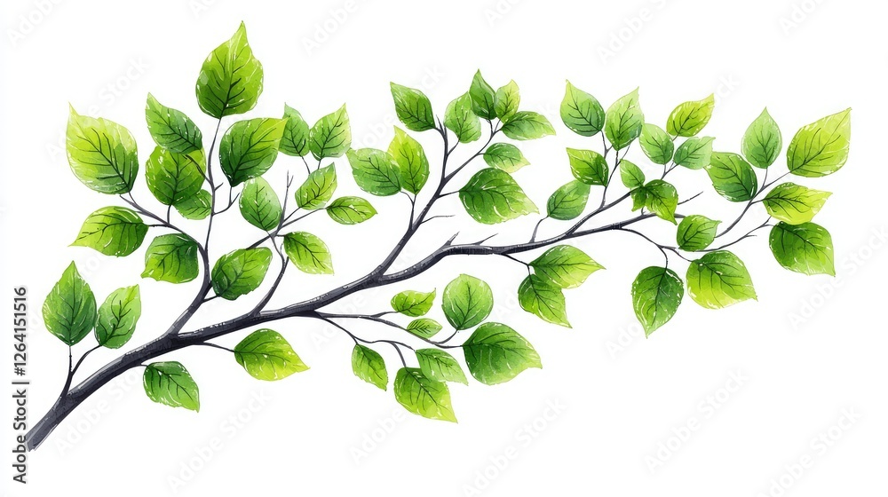 Lush green branch with vibrant leaves against a clean white background, ideal for nature-themed designs