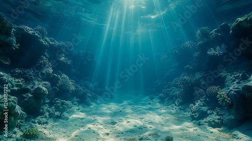 Serene Underwater Scene with Sunlight Beams and Coral.. photo