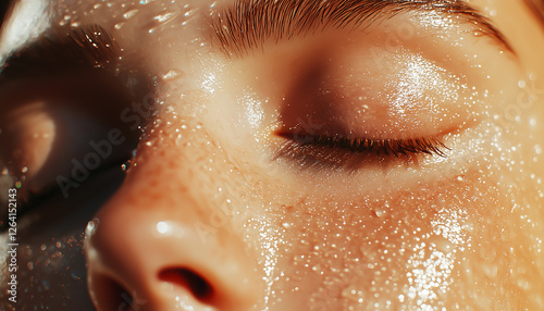 A close-up of dewy, hydrated skin with a soft glow.  Generative AI.