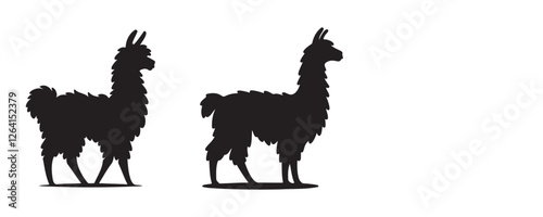 Silhouette illustration of two llamas standing side by side, featuring fluffy fur and upright ears. A black vector design perfect for logos, icons, and graphic design projects