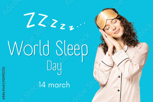World Sleep Day, sleeping woman stands in pajamas on a blue background, with text