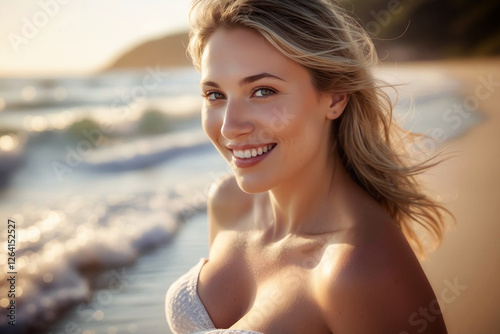 Portrait of a blonde woman on the beach, her expression is a mesmerizing mix of flirtation and quiet arrogance, a subtle, knowing smirk playing on her lips as she gazes intensely into the lens