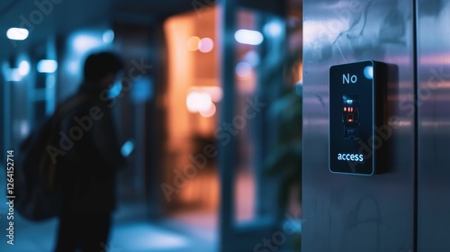 A glowing access control panel with No Access text stands out in a sleek, modern building. A blurred figure in the background adds mystery and a high-tech security vibe. AI generated.