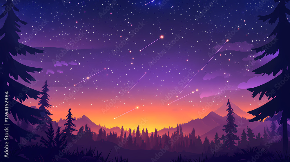 Stargazing at dawn as meteors streak across a vibrant night sky filled with stars above a serene forest landscape. Ethereal Meteor Showers. Illustration Stargazing at dawn as meteors streak across a vibrant night sky filled with stars above a serene forest landscape. Ethereal Meteor Showers. Illustration